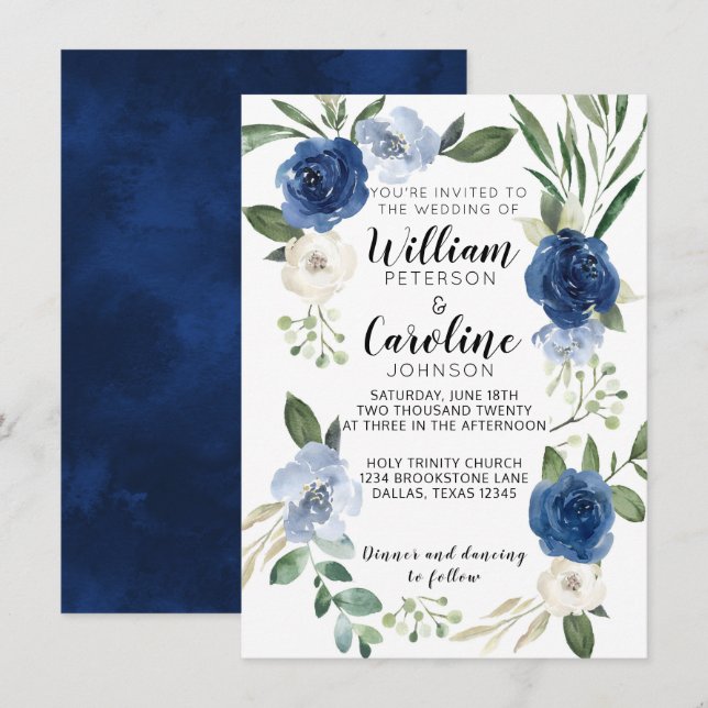 Navy Blue Floral Wedding Invitation Invite (Front/Back)