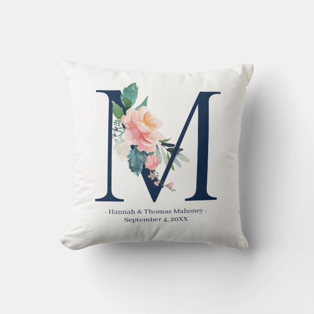 Navy Blue Floral Wedding Monogram Pillow | M (Front)
