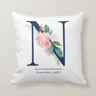 Navy Blue Floral Wedding Monogram Pillow | N