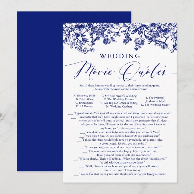 Navy Blue Floral Wedding Movie QuoteS Bridal Game Invitation (Front/Back)