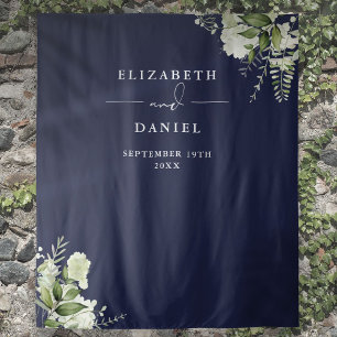 Navy Blue Floral Wedding Photo Booth Backdrop Tapestry