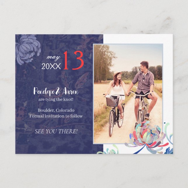 Navy Blue Floral Wedding Photo Save the Date Announcement Postcard (Front)