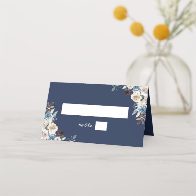Navy Blue Floral Wedding Place Card (Front)