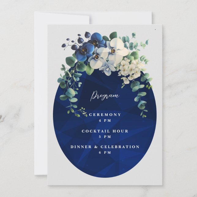 Navy Blue Floral Wedding Program Invitation (Front)