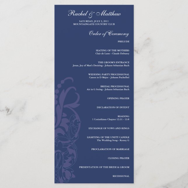 Navy Blue Floral Wedding Program Programme (Front)