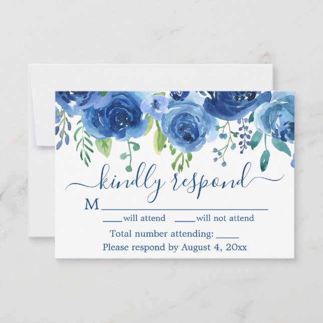 Navy Blue Floral Wedding Response Card (Front)