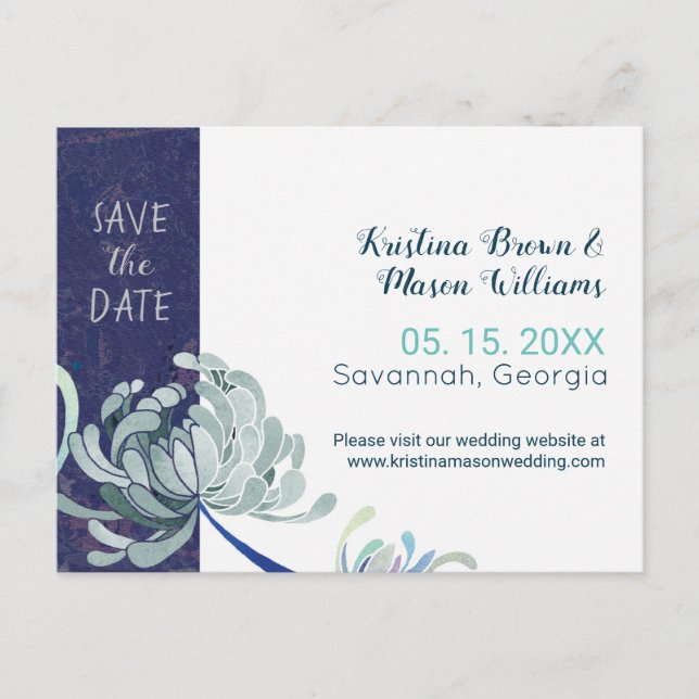 Navy Blue Floral Wedding Save the Date Postcard (Front)