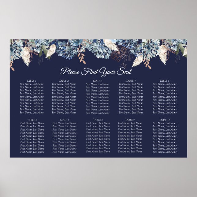 Navy Blue Floral Wedding Seating Chart (Front)