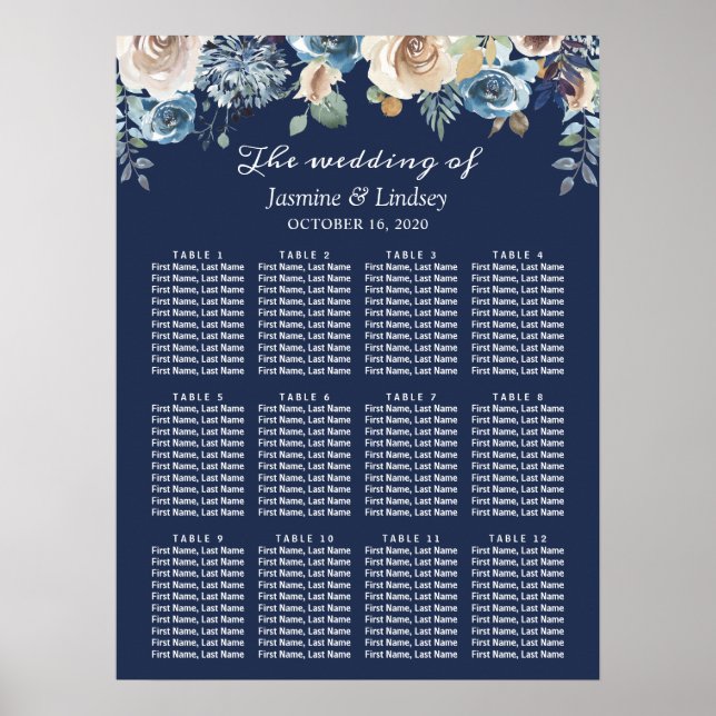 Navy Blue Floral Wedding Seating Chart (Front)