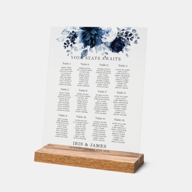 Navy Blue Floral Wedding Seating Chart (Angle)