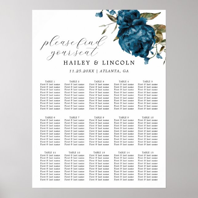 Navy Blue Floral Wedding Seating Chart (Front)
