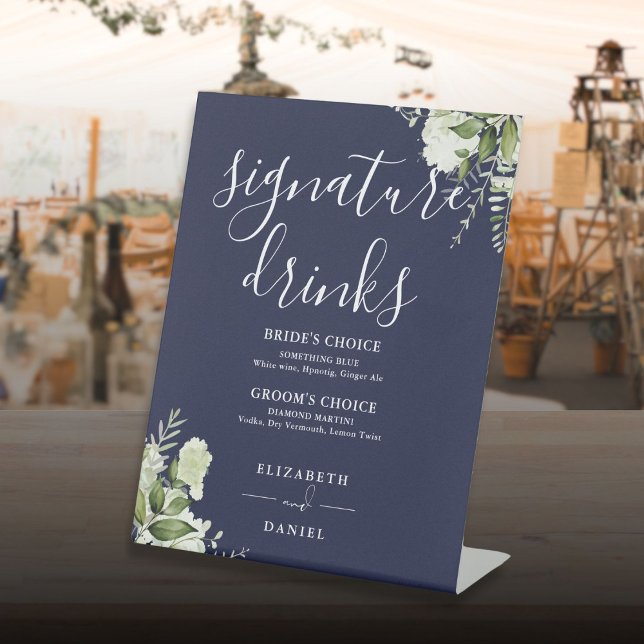 Navy Blue Floral Wedding Signature Drinks Pedestal Sign (Navy Blue Floral Wedding Signature Drinks Pedestal Sign)
