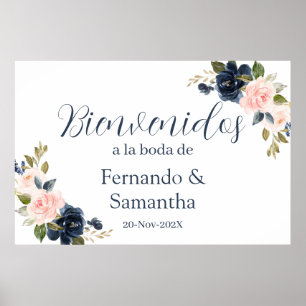 Navy Blue Floral Wedding Spanish Welcome Sign