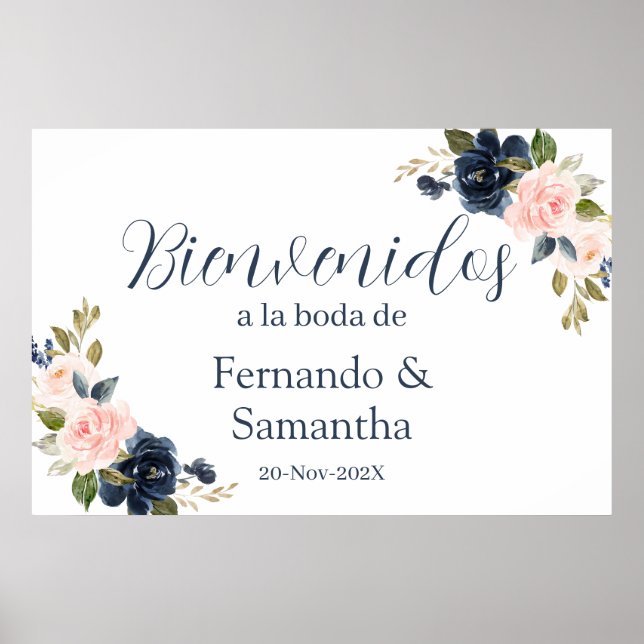 Navy Blue Floral Wedding Spanish Welcome Sign (Front)