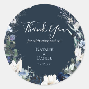 Navy Blue Floral Wedding Thank You Classic Round Sticker