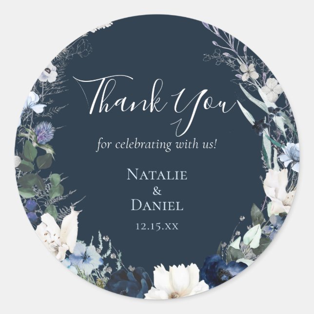 Navy Blue Floral Wedding Thank You Classic Round Sticker (Front)