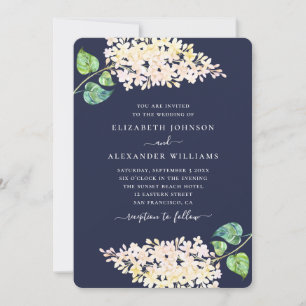 Navy blue floral wedding. Watercolor lilac flowers Invitation