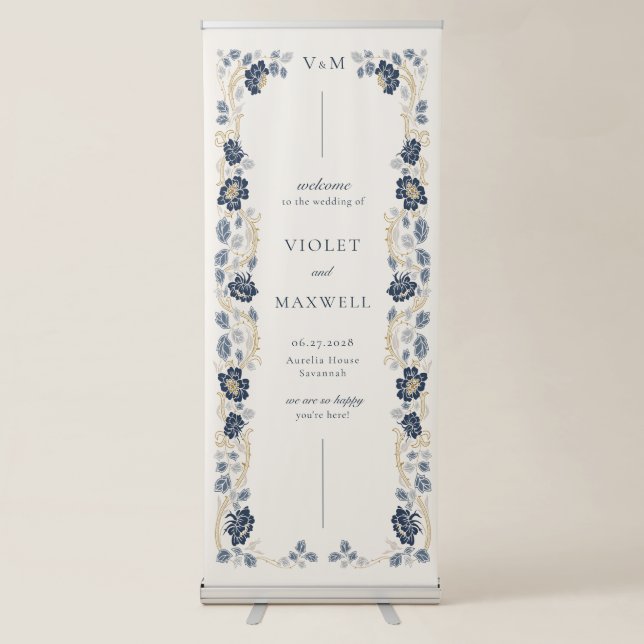 Navy Blue Floral Wedding Welcome Banner (Front)