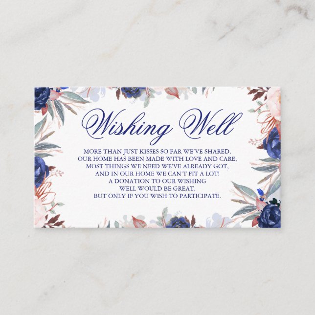 Navy Blue Floral Wedding Wishing Well Enclosure Card (Front)