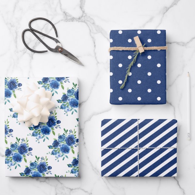 Navy Blue Floral Wedding Wrapping Paper Sheets (Front)