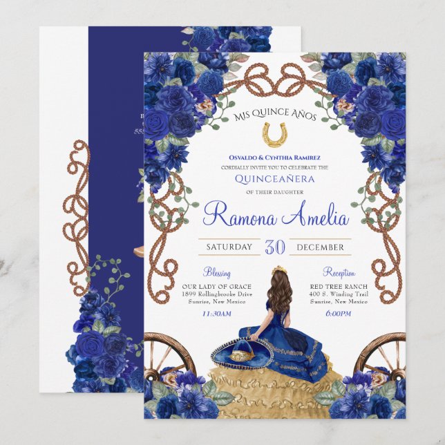 Navy Blue Floral Western Charra Quinceañera  Invitation (Front/Back)