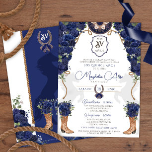 Navy Blue Floral Western Charro Quinceañera Invitation