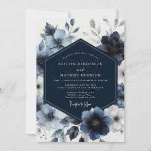 Navy Blue Floral Whimsy Wedding Invitation