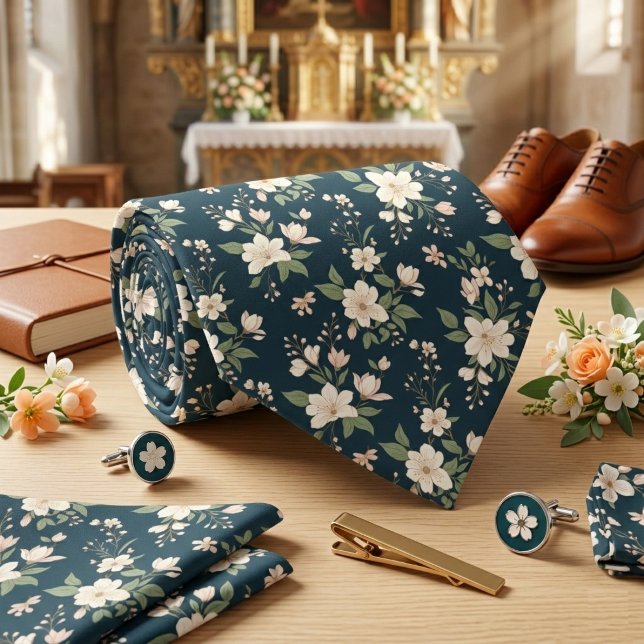 Navy Blue Floral White Blossom  Tie (Creator Uploaded)