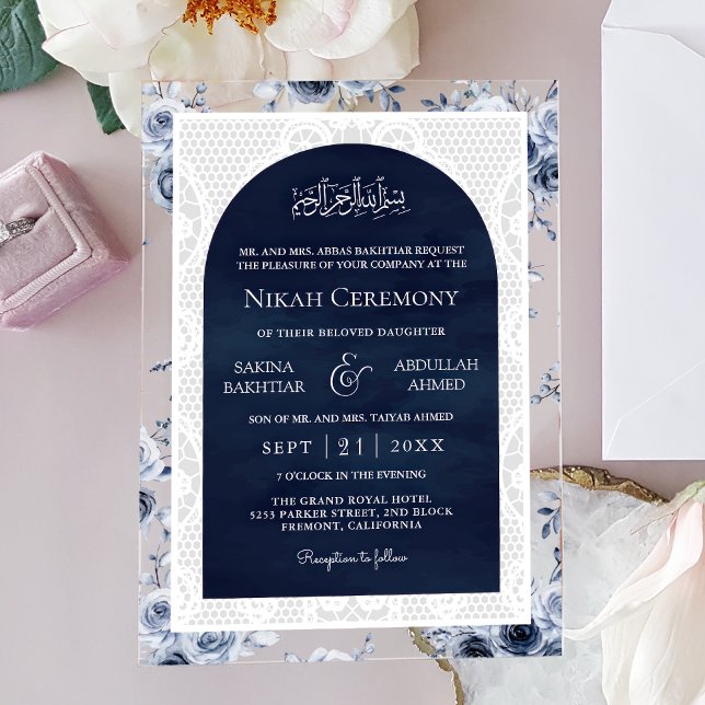 Navy Blue Floral White Lace Muslim Wedding Acrylic Invitations (Creator Uploaded)