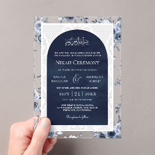 Navy Blue Floral White Lace Muslim Wedding Acrylic Invitations