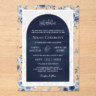 Navy Blue Floral White Lace Muslim Wedding Acrylic Invitations