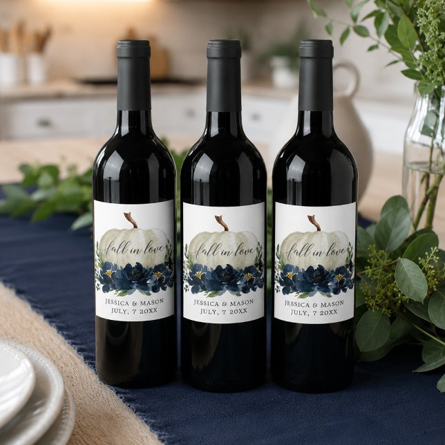 Navy Blue Floral White Pumpkin Wine Labels (Creator Uploaded)