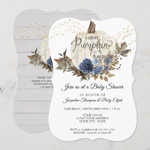 Navy Blue Floral White Wood w Pumpkin Baby Shower Invitation