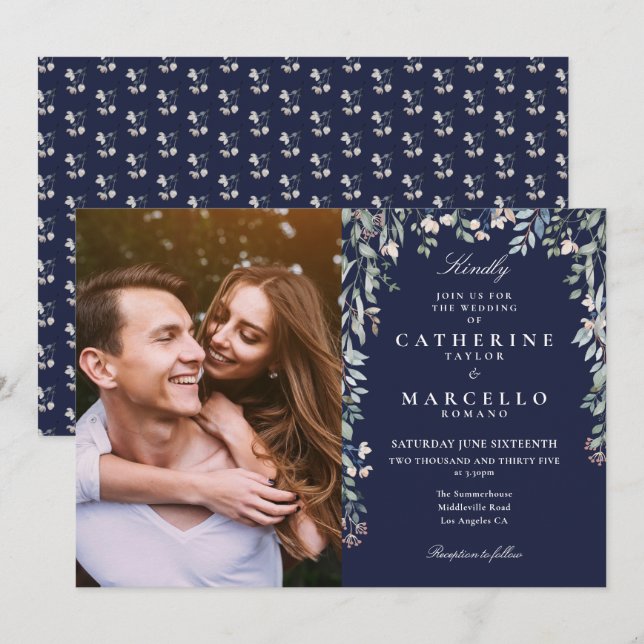 Navy Blue Floral Wildflowers Cascade Photo Wedding Invitation (Front/Back)