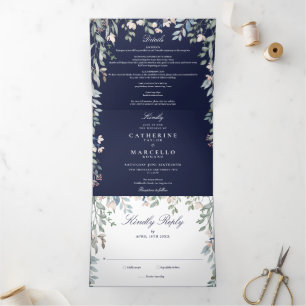 Navy Blue Floral Wildflowers Photo Wedding Tri-Fold Invitation