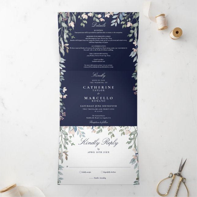 Navy Blue Floral Wildflowers Photo Wedding Tri-Fold Invitation (Inside)
