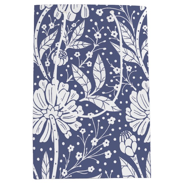Navy Blue Floral William Morris Style Medium Gift Bag (Front)