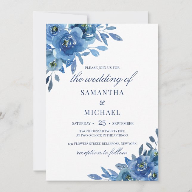 Navy blue floral winter romantic wedding invitation (Front)