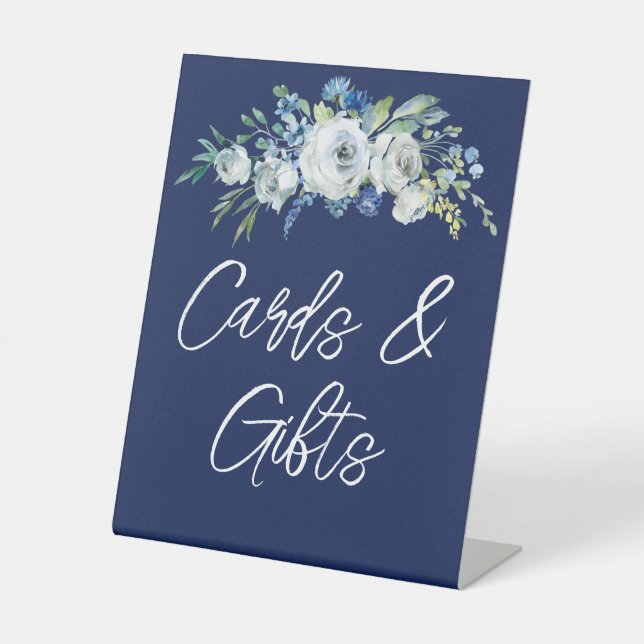 Navy Blue Floral Winter Wedding Cards Gifts Table Pedestal Sign (Front)