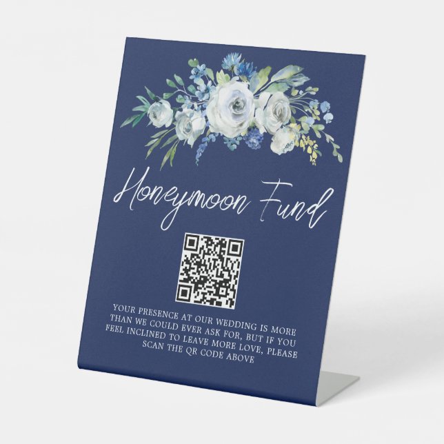 Navy Blue Floral Winter Wedding Honeymoon Fund Pedestal Sign (Front)