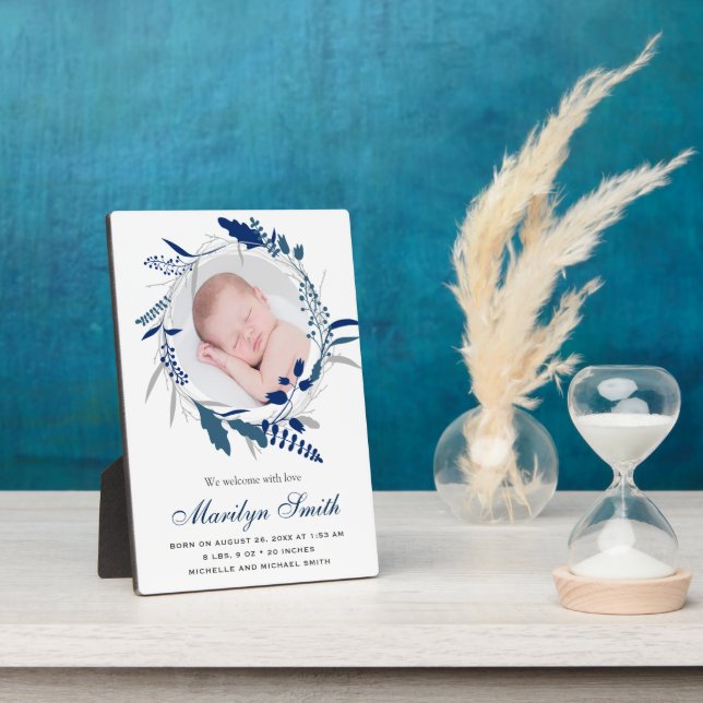 Navy Blue Floral Wreath Photo Birth Announcement Plaque (Side)