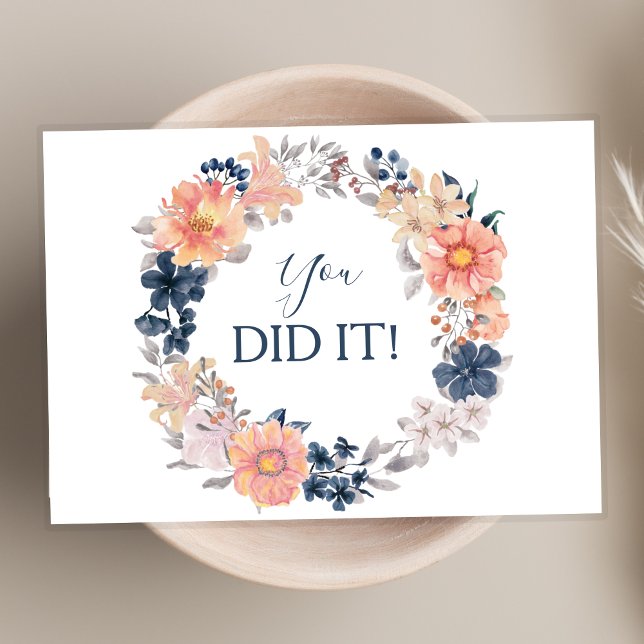 Navy Blue Floral Wreath You Did It Congratulations Card (Creator Uploaded)