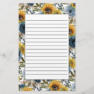 Navy Blue Floral Yellow Sunflowers White Lined Sta Stationery
