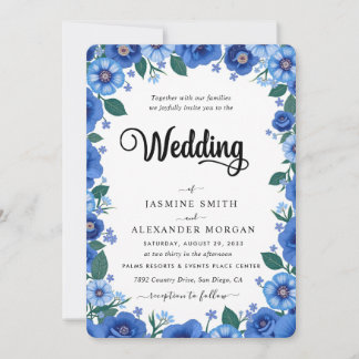 Navy Blue Florals Flowers Simple Wedding Invitation