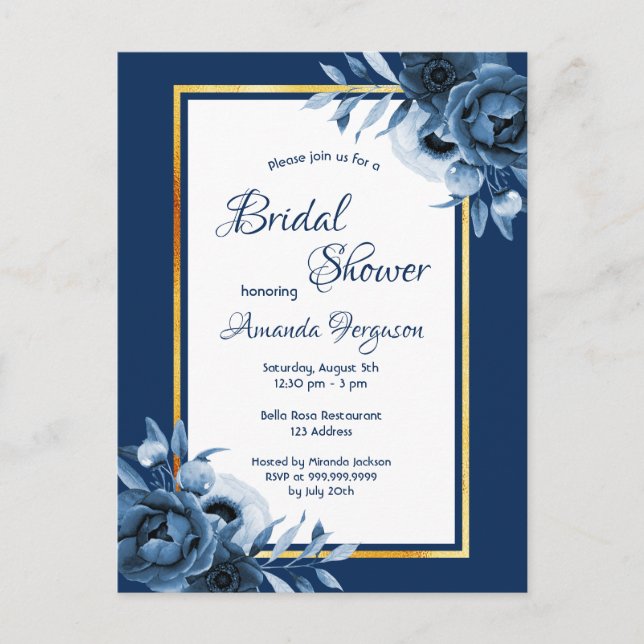 Navy blue florals gold bridal shower invitation postcard (Front)