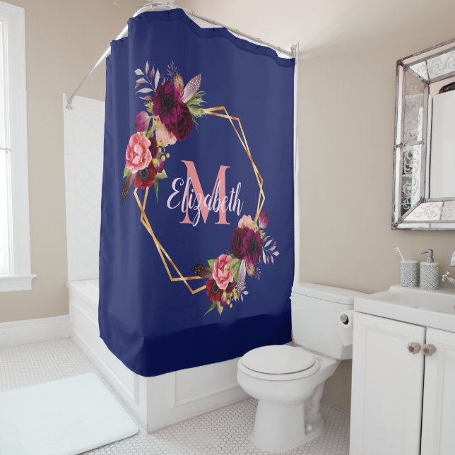 Navy blue florals gold geometric monogram name shower curtain (In Situ)