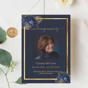 Navy blue florals gold photo funeral program