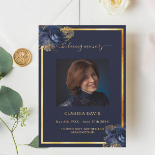 Navy blue florals gold photo funeral program card