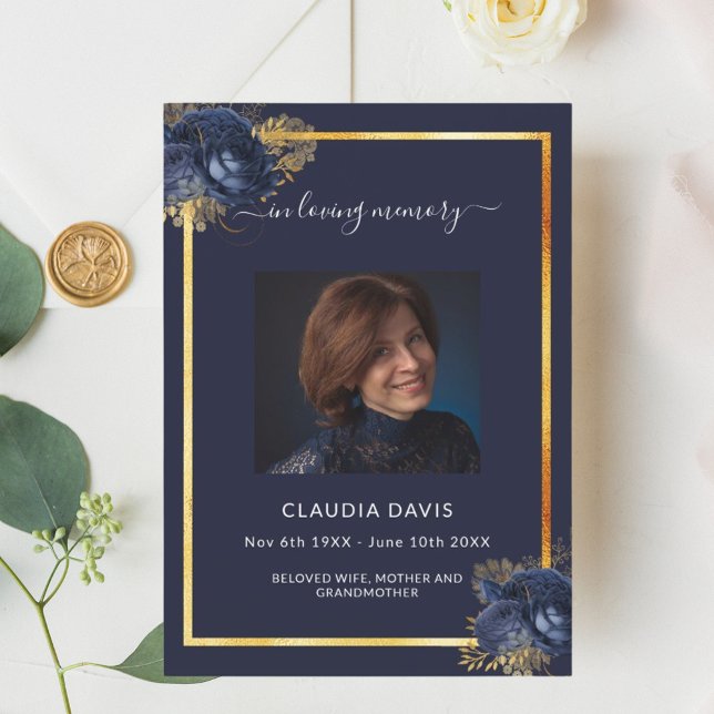 Navy blue florals gold photo funeral program invitation (Creator Uploaded)