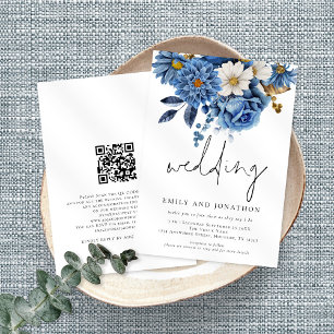Navy Blue Florals Informal Script Wedding Invitation